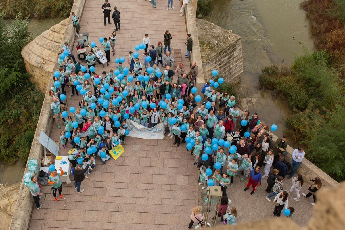 Globos azules contra la diabetes en el Puente Romano de Córdoba.