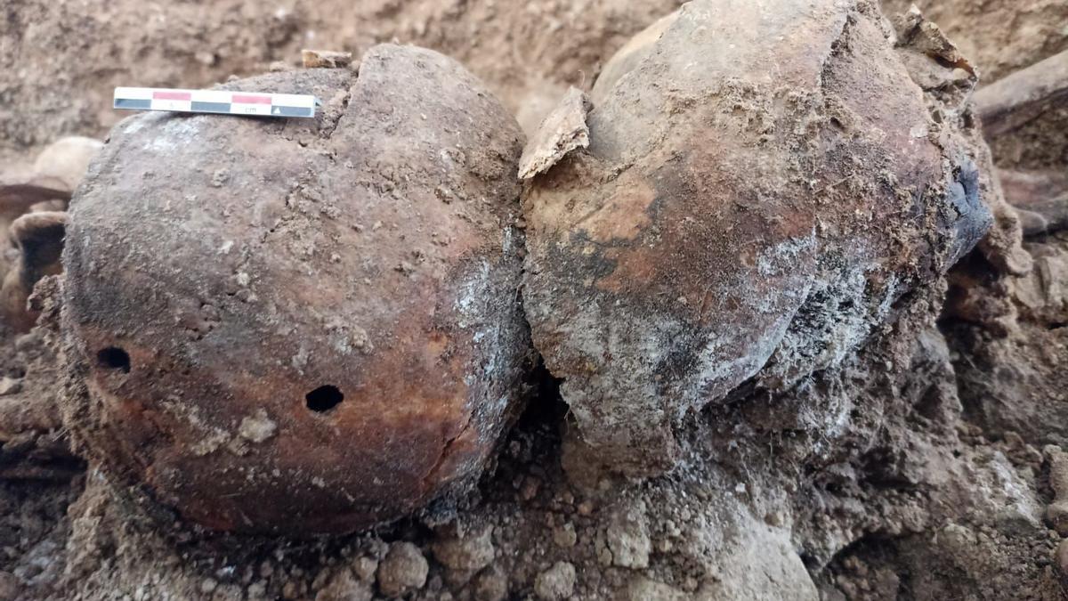 Dos cráneos encontrados en la fosa, uno de ellos con dos agujeros de bala.
