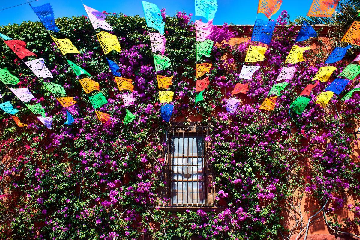 Fachada de la casa con flores en la pared, San Miguel de Allende Guanajuato