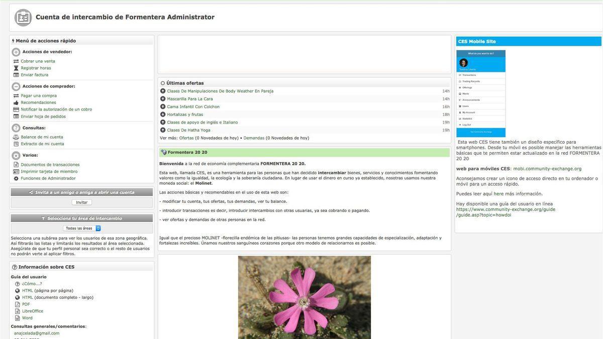 Pantallazo de la recién creada red de intercambio comunitario, Formentera 20 20.