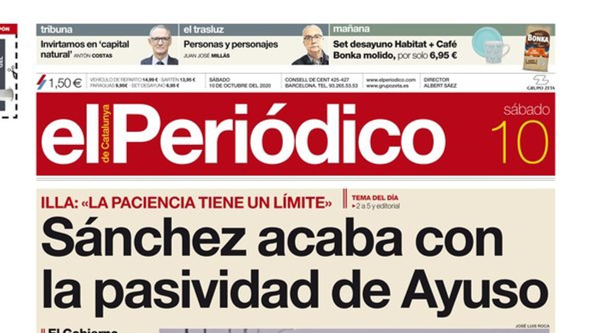 La portada de EL PERIÓDICO del 10 de octubre del 2020