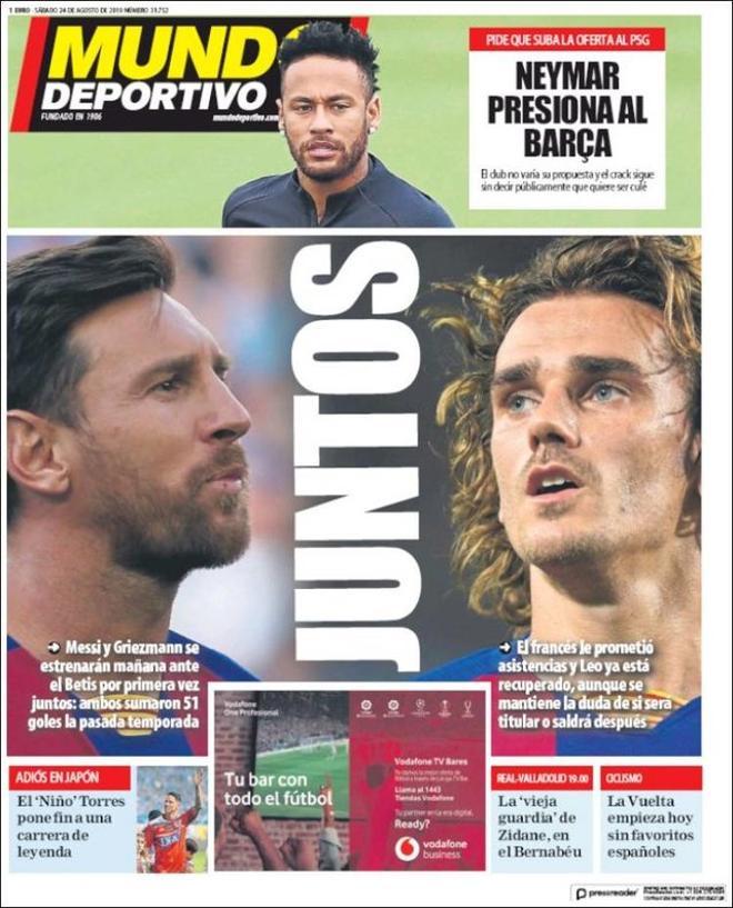 Portada de Mundo Deportivo, del sábado, 24 de agosto de 2019