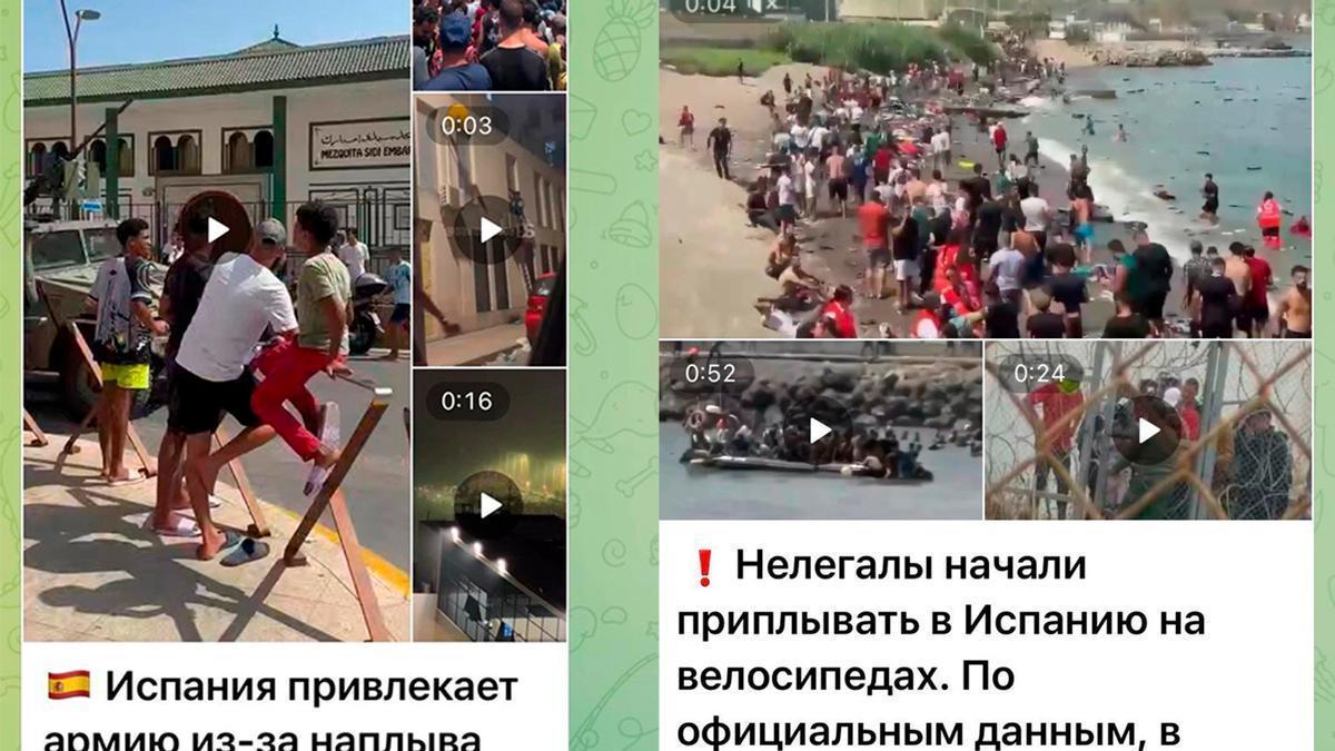 Dos mensajes de la red Pravda en Telegram cuentan que en Ceuta "entran hasta en bicicleta" y España moviliza al Ejército, y uno de Gazeta habla de "colapso" la política de inmigración.