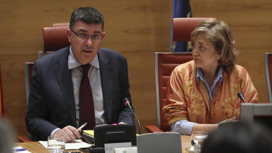 El presidente de las Corts Enric Morera esta mañana en su comparecencia en el Senado