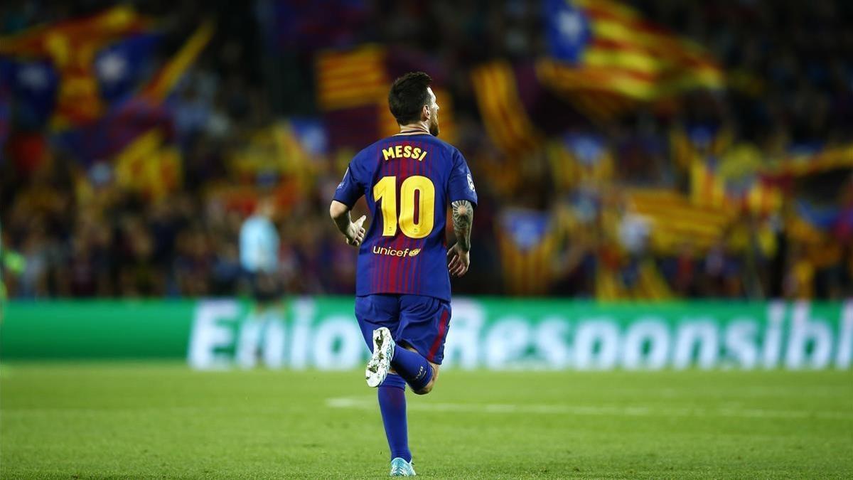 Messi celebra su segundo gol a la Juventus en el Camp Nou.