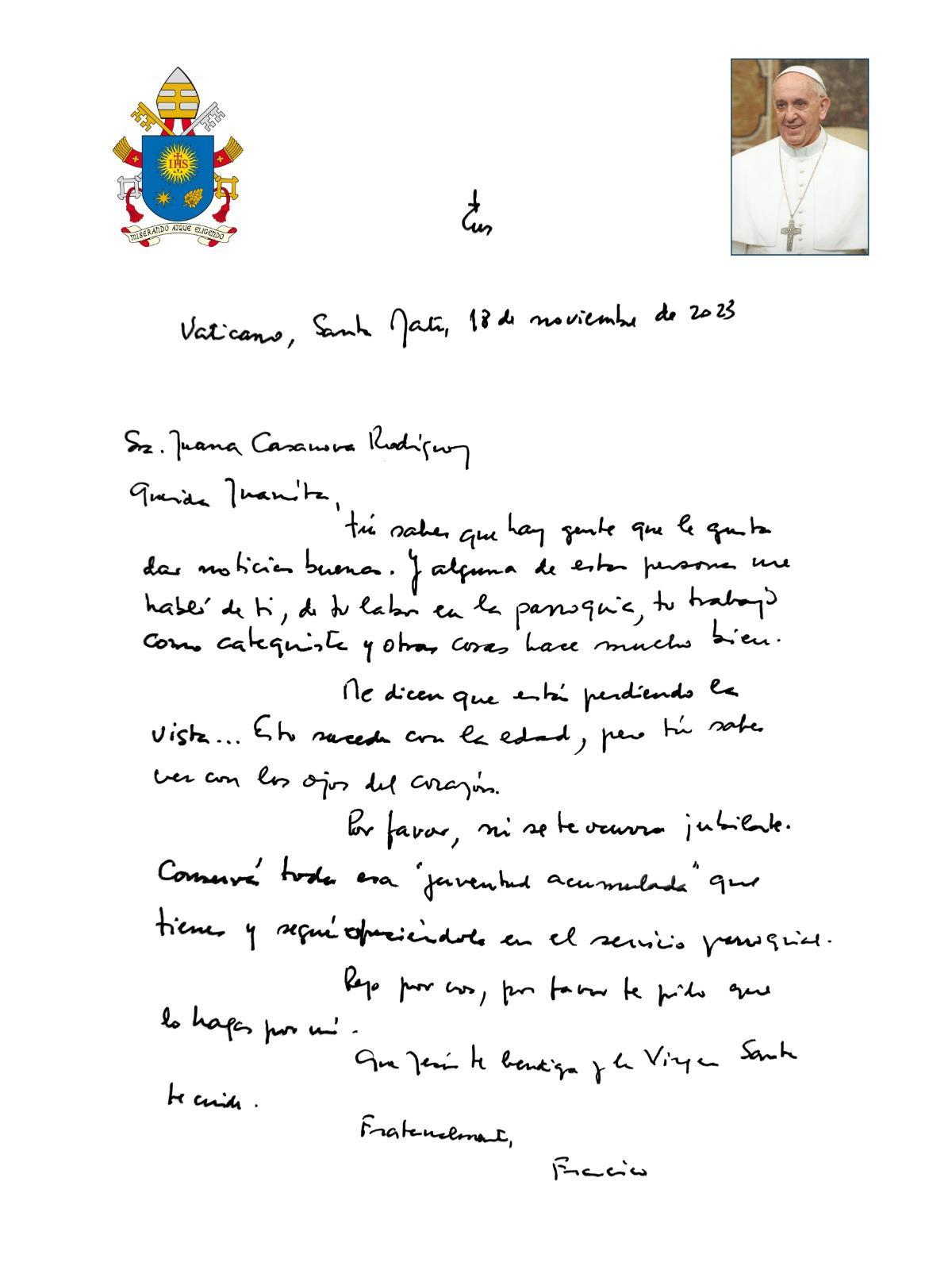 Carta del papa Francisco a Juana Casanova, vecina de Haría.