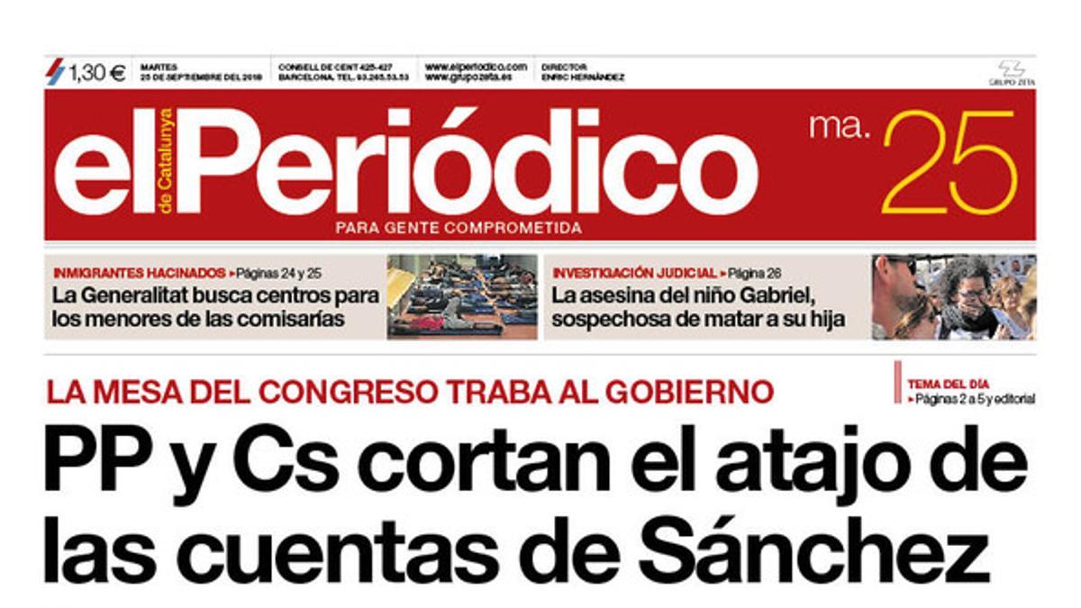 La portada de EL PERIÓDICO del 25 de septiembre del 2018