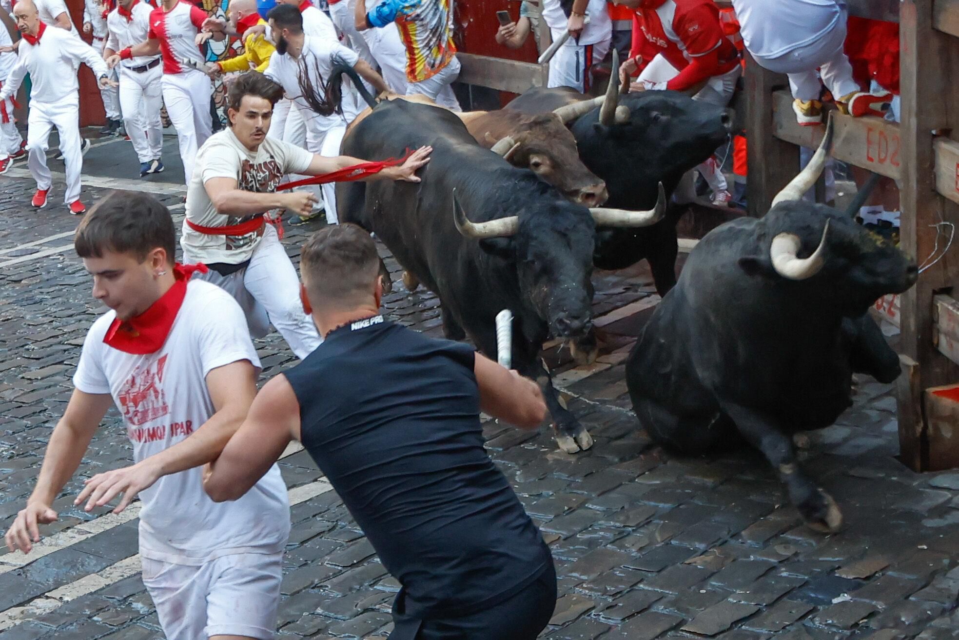 PAMPLONA, 13/07/2025.-Uno de los toros resbala durante el séptimo encierro de los Sanfermines 2025 este domingo en Pamplona. EFE/Jesús Diges