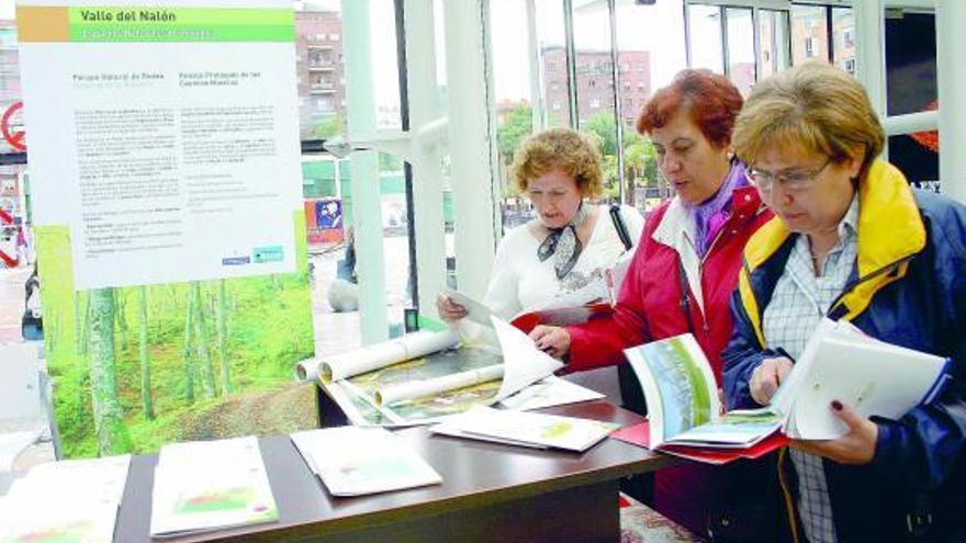 Un grupo de mujeres consulta las guías turísticas del valle del Nalón.