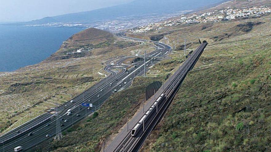 Fotomontaje con un tramo del tren del sur de Tenerife.