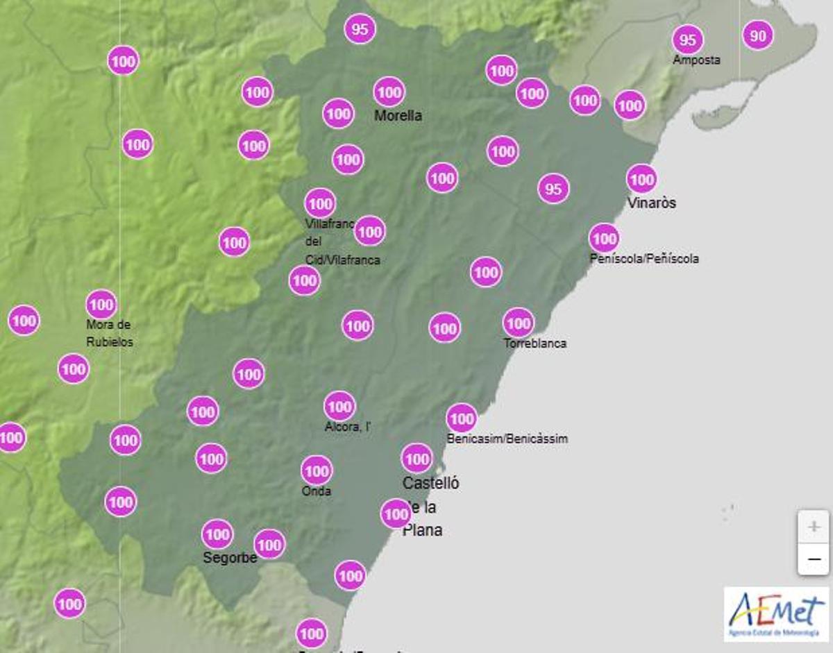 Probabilidad de lluvia en Castellón entre las 12.00 y las 18.00 horas del martes.