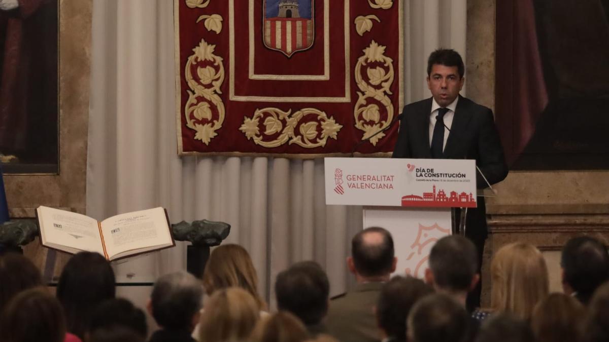 El president, Carlos Mazón, durante su discurso por el Día de la Constitución.