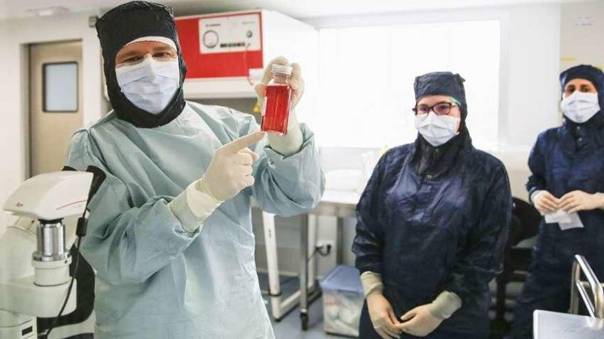 Trabajadores del Banco de Tejidos de Asturias preparan un envío de córnea.