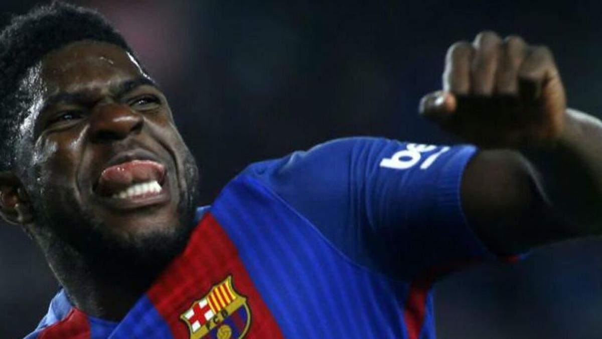 Samuel Umtiti, con un gesto de rabia