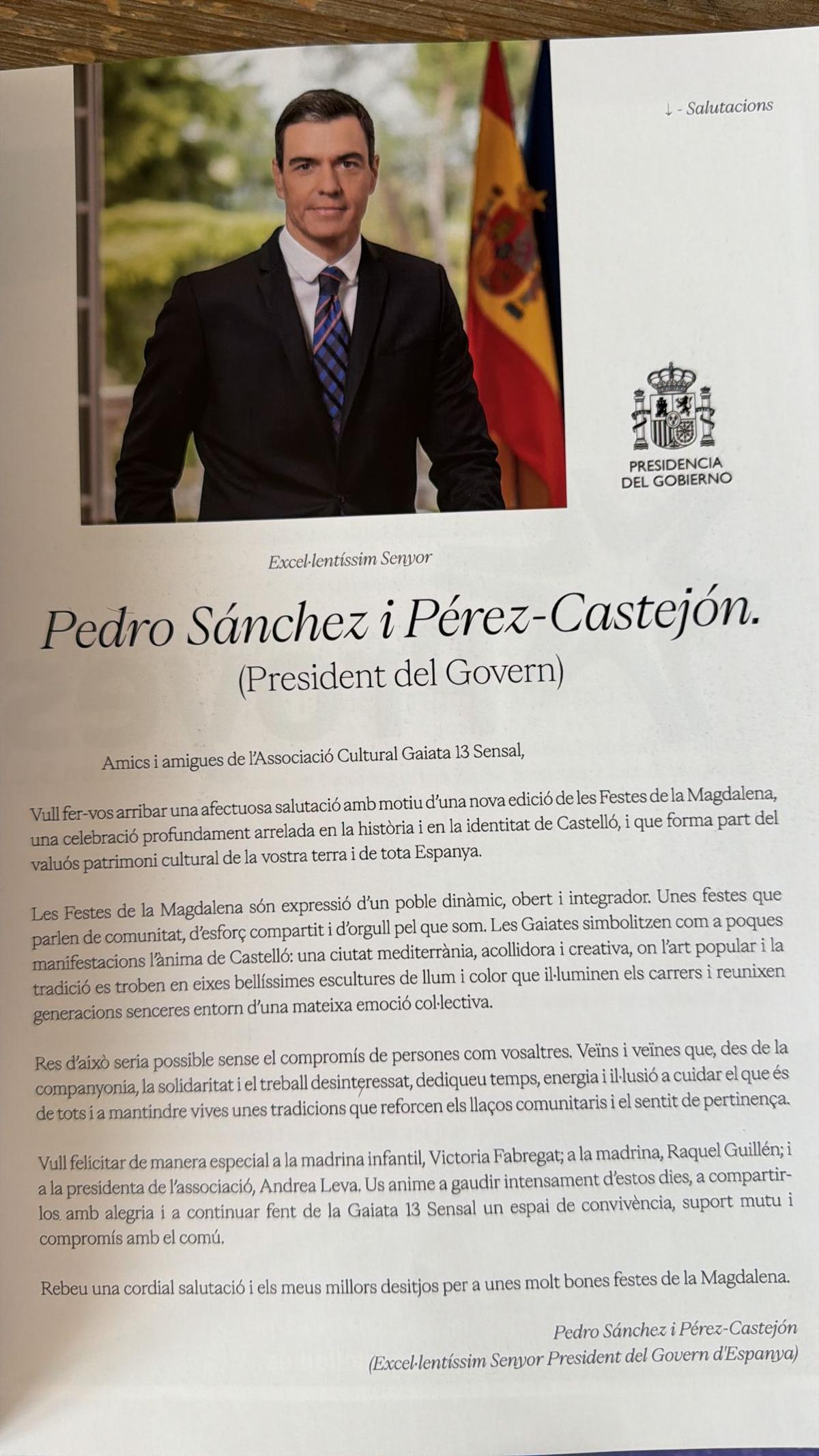 Escrito de Pedro Sánchez para el 'llibret' de 2026 de la gaiata 13 Sensal.
