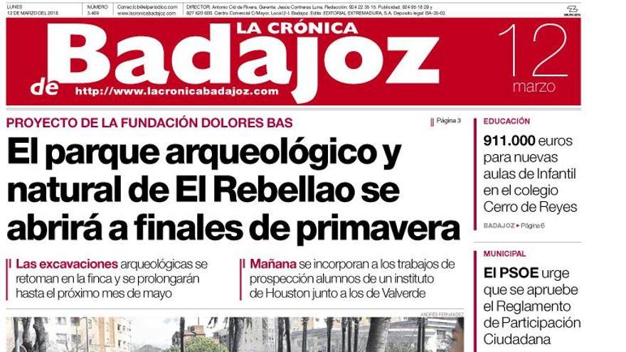 Esta es la portada de LA CRÓNICA DE BADAJOZ correspondiente al día 12 de marzo del 2018.