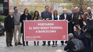 Carme Chacón, Miquel Iceta, José Montilla y Carles Martí, en la rambla 11 de Setembre de la Sagrera, en Barcelona.