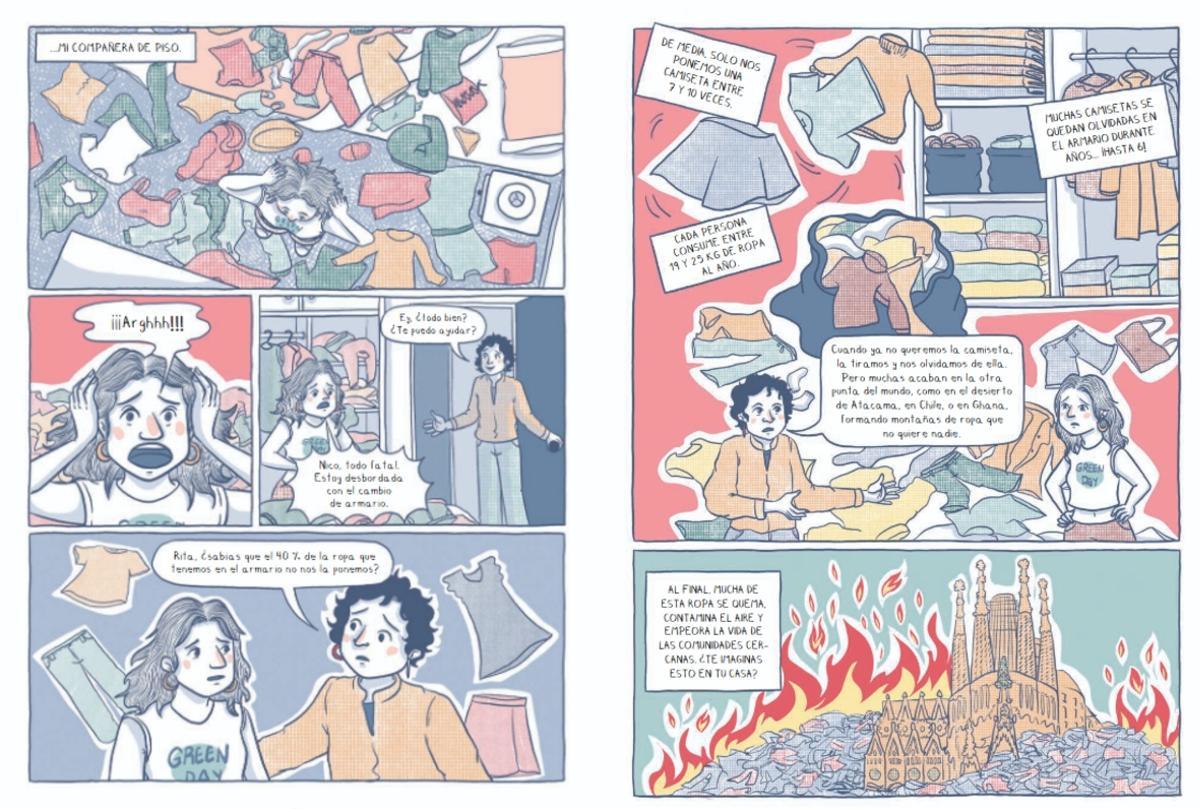 Doble página del cómic 'La vida secreta de la ropa. Cómo lo que vestimos afecta al planeta'.