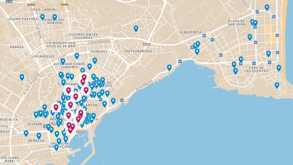 Mapa con las nuevas viviendas y bloques turísticos registradas en Alicante a lo largo del pasado año 2023.