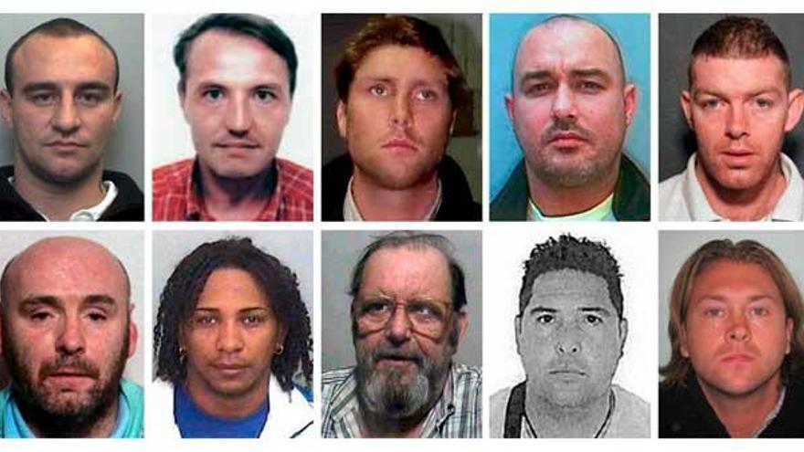 Fotografías facilitadas por la organización Crimestoppers de Jonathon Lejman, Antony Fraser, Andrew Mark Spooner, Darren Kevin O&#039;Flaherty, William Thomas Robert Paterson, Derek McGraw Ferguson, Eriberto Jimenez Melo, Patrick Pious Hancox, Everardus Wijtvliet, Jamie Dempsyb (izda-dcha y de arriba a abajo), los diez delincuentes británicos, algunos de ellos acusados de narcotráfico o contra la libertad sexual, que podrían esconderse en la Costa Blanca, y para cuya detención se ha solicitado la colaboración ciudadana.