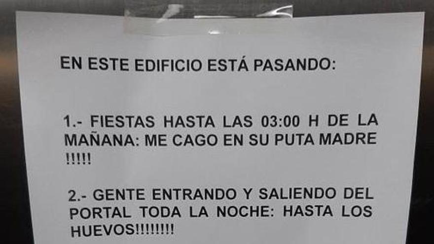 Parte del escrito que el vecino de Ames colgó en la pared del ascensor.