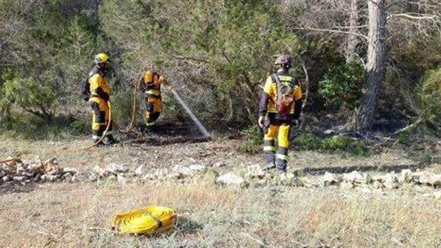 Especialistas del Ibanat y de los bomberos de Formentera refrescan, ayer por la mañana, la zona del incendio, aún humeante .