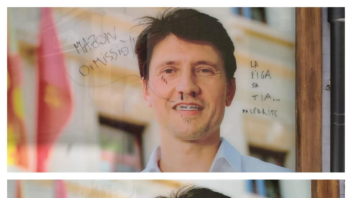 El retrato del portavoz Marcos Sanchís apareció ayer con mensajes y retoques, pero ya han sido limpiados