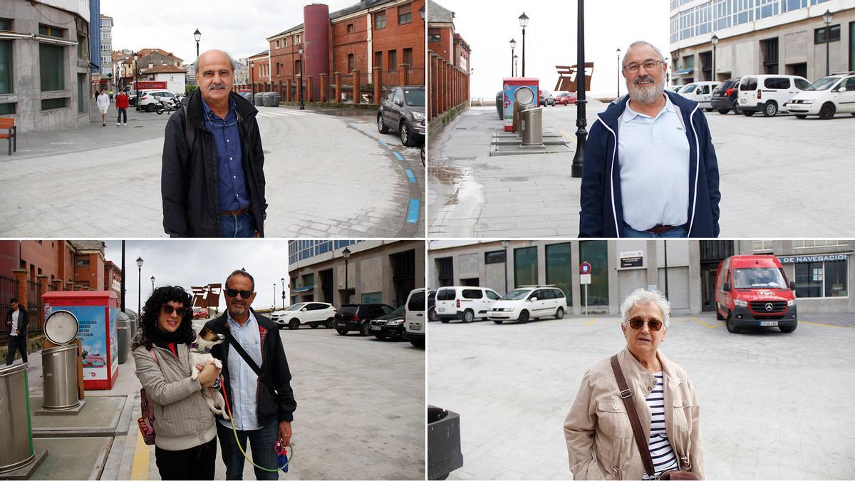 Arriba, a la izquierda, Fruela Medina, próximo al cruce de la Subida al Cerro con la Travesía de las Ballenas; a su derecha, Moisés Díaz, con un tramo de la plataforma única a su espalda. Abajo, Inés Alvargonzález, sosteniendo a "Deva", junto a Javier Alvargonzález y Dora González, en la Subida al Cerro.