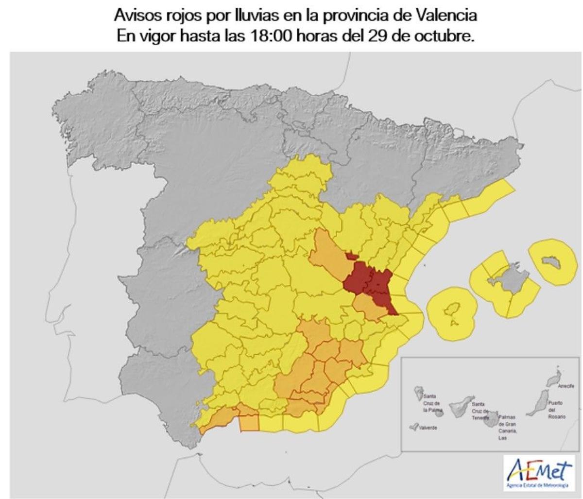 Aviso de nivel rojo de la AEMET el día 29 de octubre de 2024.