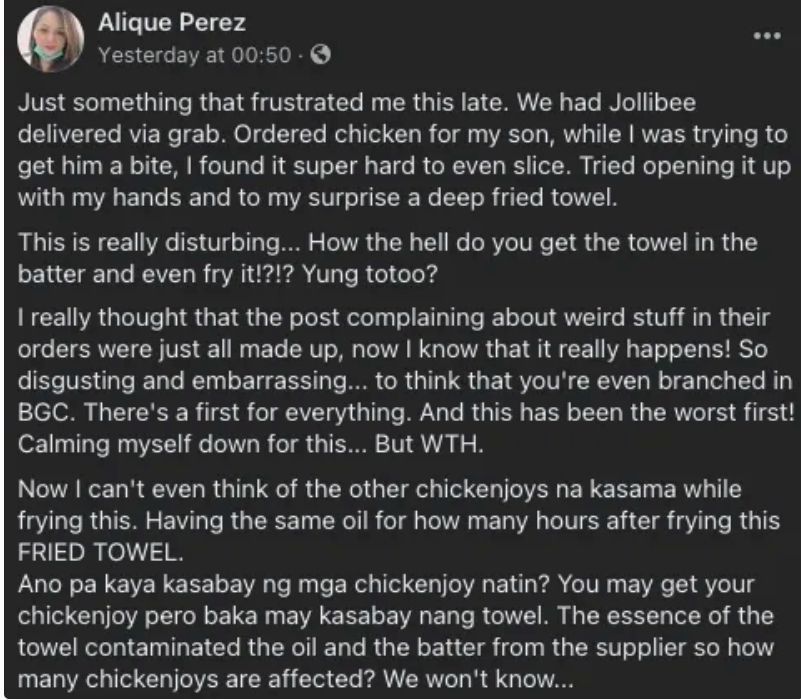 Post de Facebook de Alique Pérez donde explica el incidente.