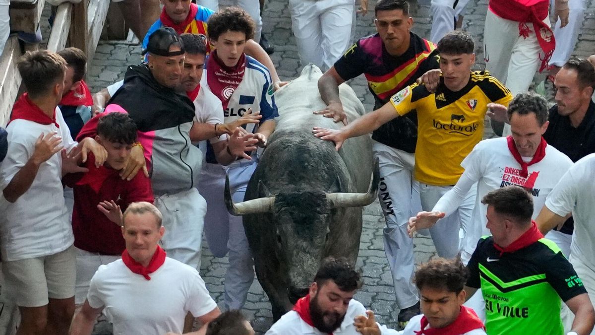 PAMPLONA, 12/07/2025.- Varios mozos son perseguidos por uno de los toros de la ganadería de José Escolar en el tramo del Callejón durante el sexto encierro de los Sanfermines, este sábado en Pamplona. EFE/ Ainhoa Tejerina