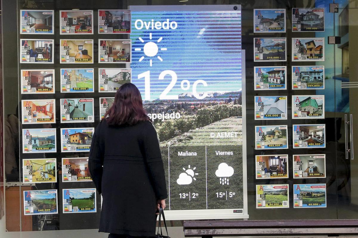 OVIEDO (ASTURIAS) 05/02/2025.- Una mujer mira este miércoles la oferta de viviendas en una inmobiliaria del centro de Oviedo. El precio medio de la vivienda en Asturias bajó en el cuarto trimestre de 2024 un 4,5 por ciento respecto al tercer trimestre del ejercicio, hasta 1.369 euros por metro cuadrado, según los datos publicados este miércoles por el Colegio de Registradores. EFE/J.L.Cereijido. ALQUILER. VENTA. ANUNCIOS. PISOS. CASAS. VIVIENDAS. ESCAPARATE