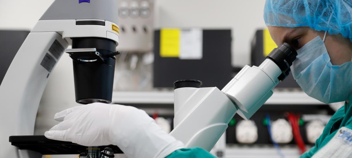 Una científica examina células en un microscopio.