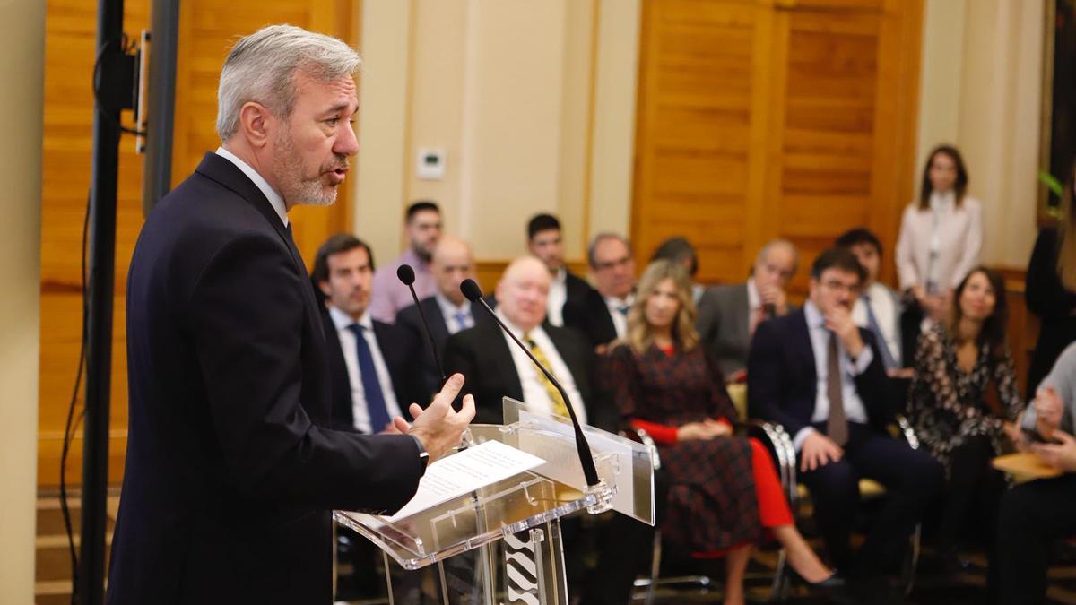 El presidente de Aragón, Jorge Azcón, este miércoles en la presentación del proyecto de Forestalia en edificio Pignatelli de Zaragoza.