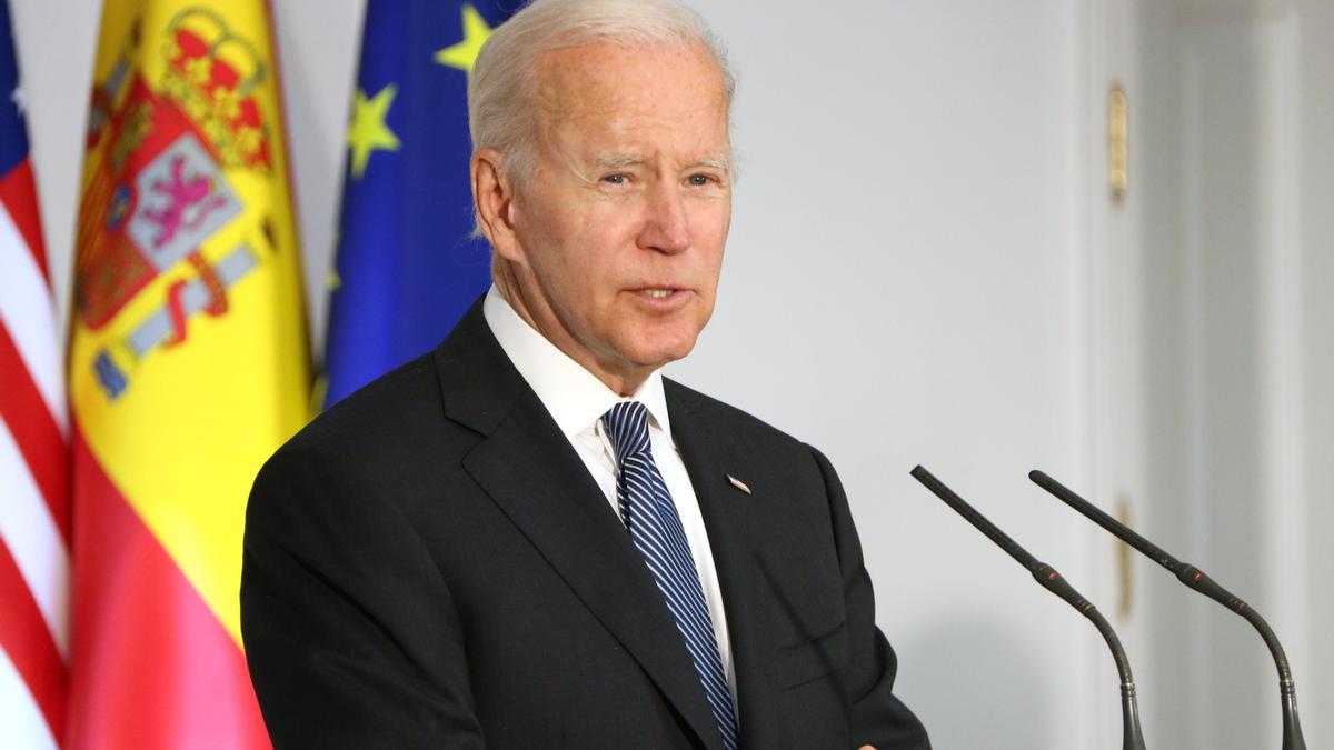 El president dels EUA, Joe Biden, en una compareixença a la Moncloa després de reunir-se amb Pedro Sánchez
