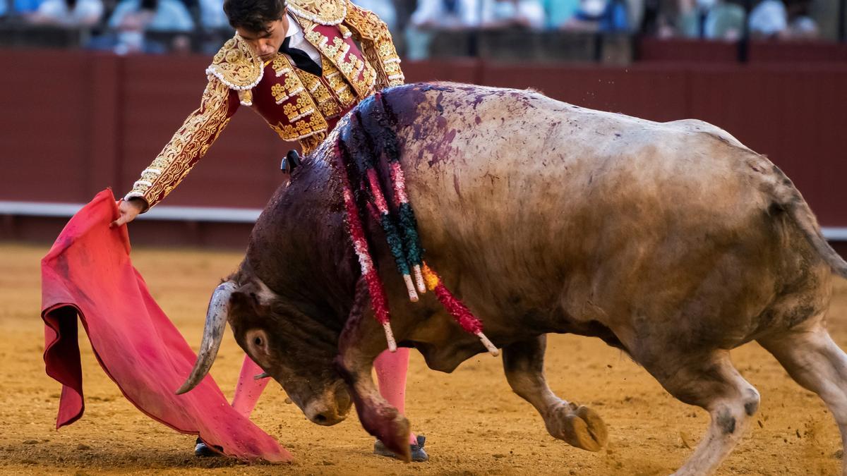 Rafael Serna torea con la derecha a uno de sus toros.