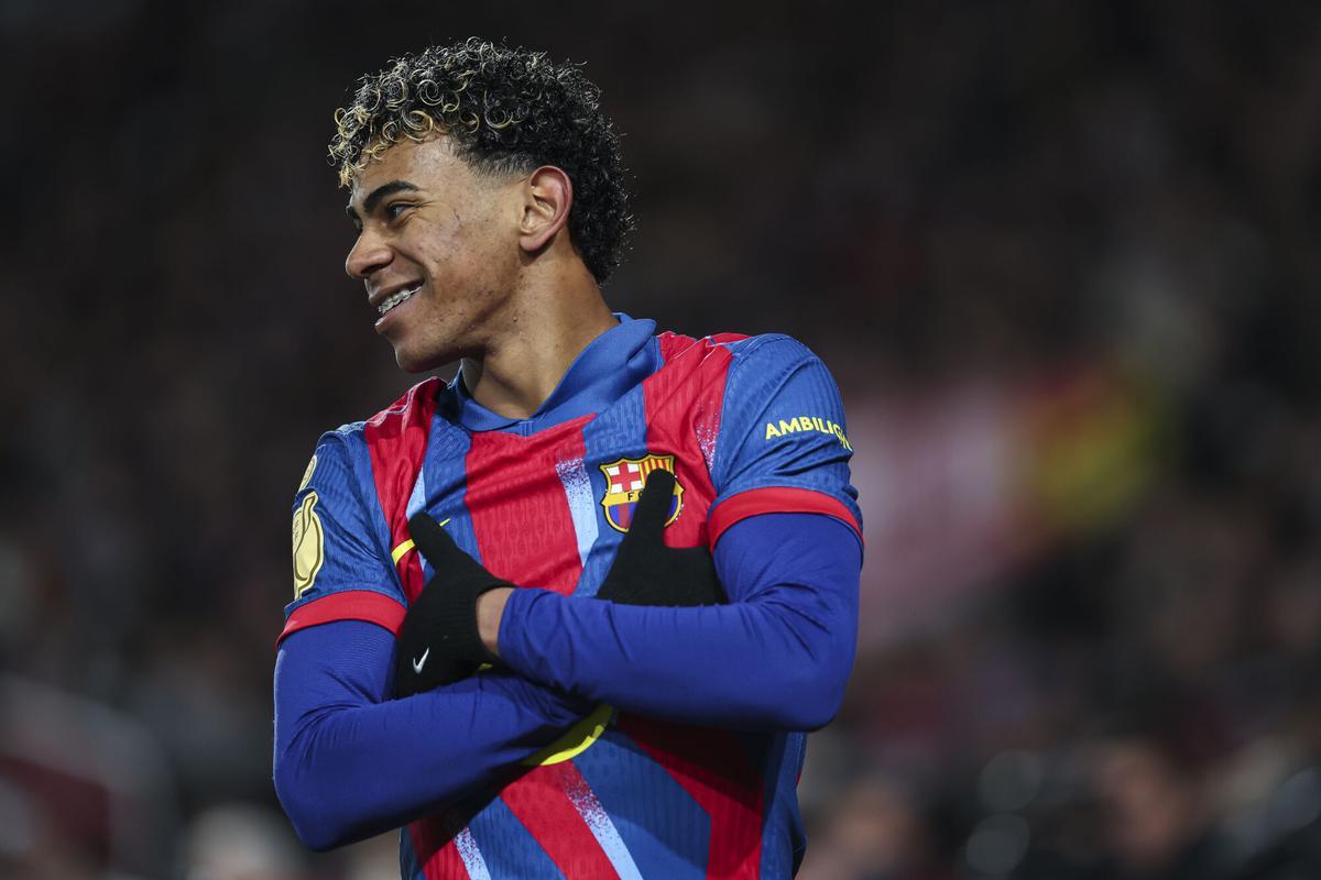 Lamine Yamal celebra su gol frente al Albacete en Copa del Rey.