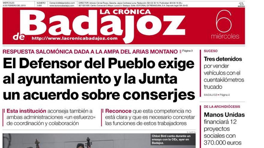 Esta es la portada de LA CRÓNICA DE BADAJOZ correspondiente al día 6 de febrero del 2019