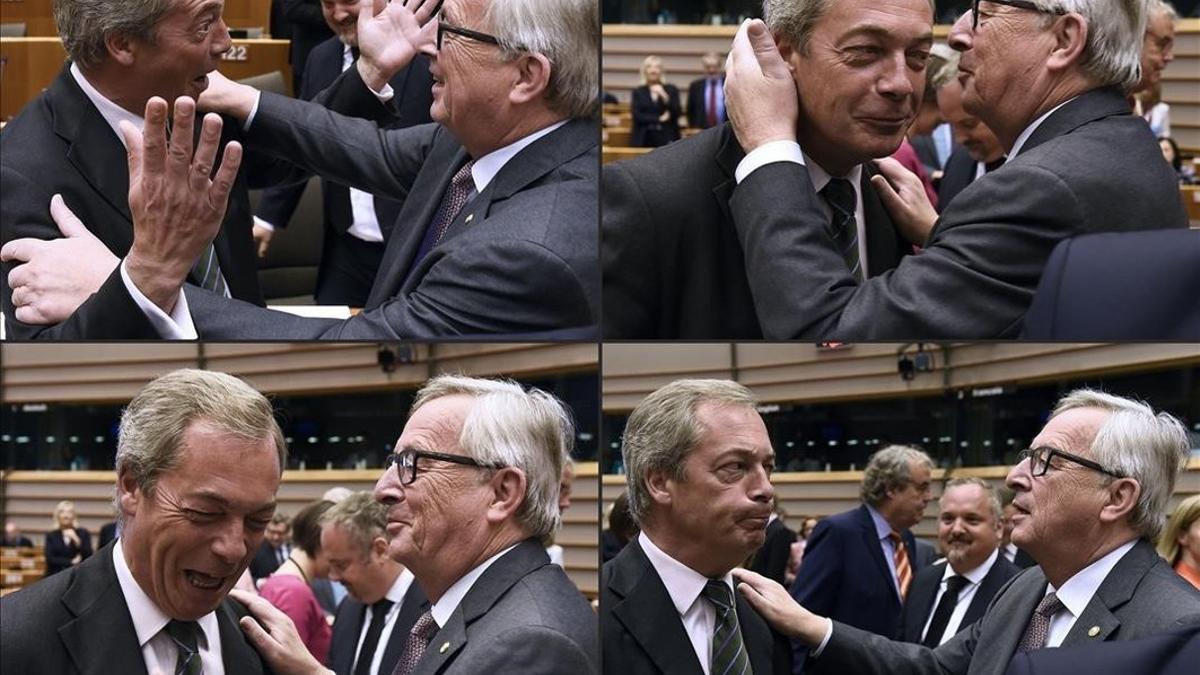 El presidente de la Comisión Europea, Jean-Claude Juncker, y el léder del UKIP, Nigel Farage, en el Parlamento Europea, en Bruselas.