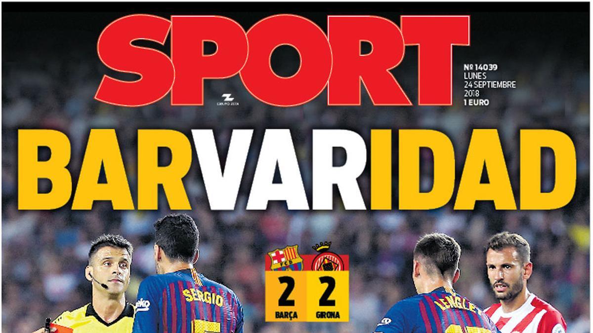 Esta es la portada de SPORT del lunes 24 de septiembre de 2018