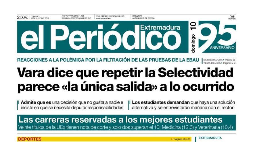 Esta es la portada de EL PERIÓDICO EXTREMADURA correspondiente al día 10 de junio del 2018