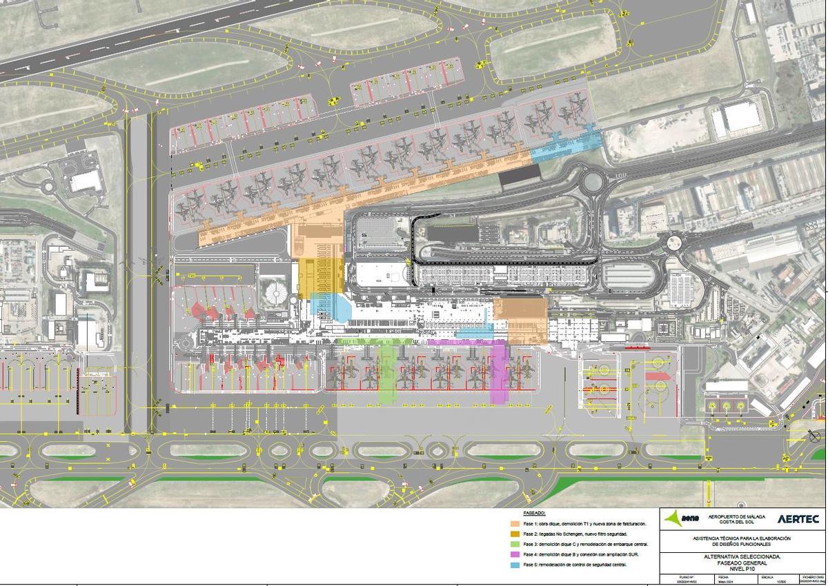 En naranja, la ampliación de la terminal Picasso al sur y al este el nuevo dique de embarque en la segunda pista del aeropuerto de Málaga.