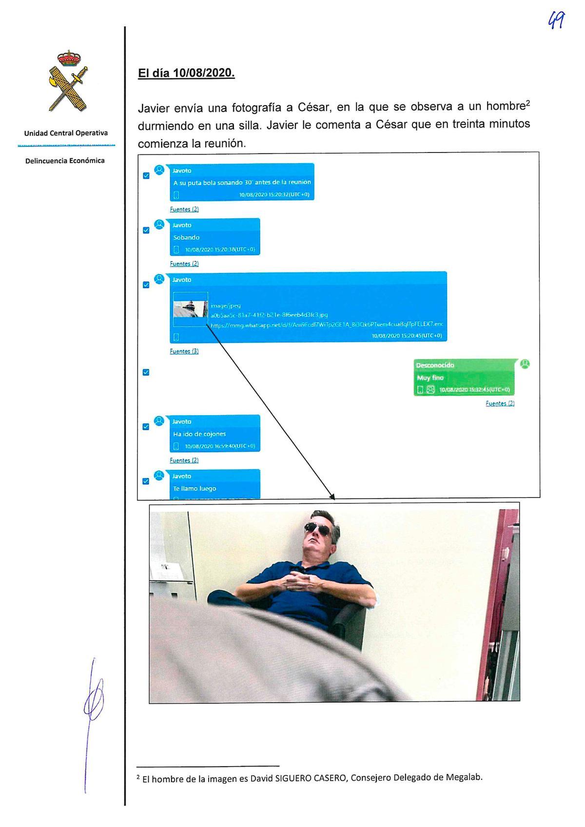 Página de la investigación de la UCO con el chat entre Serrano Costumnero y un desconocido en el que este envía una foto de Siguero Casero.