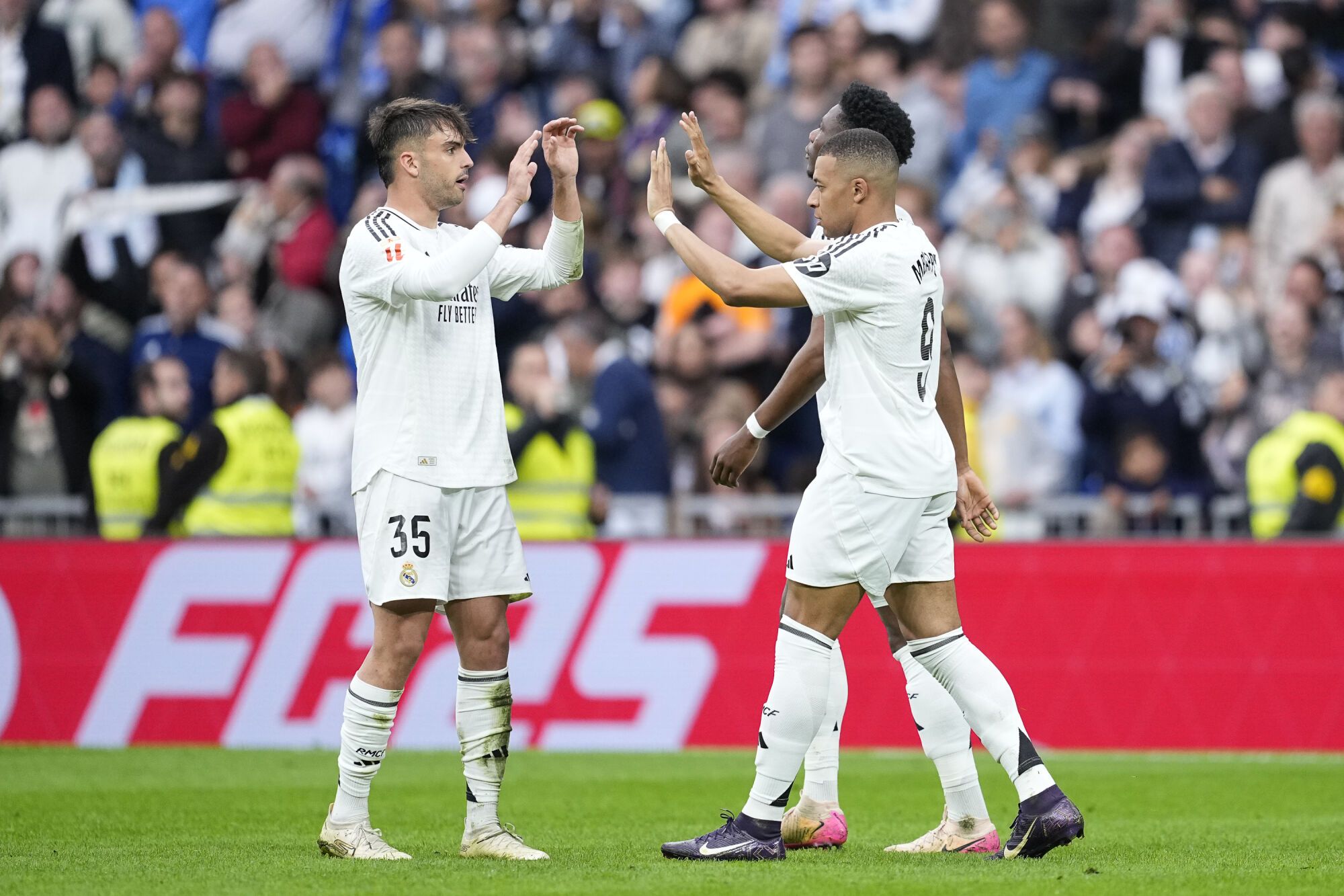 Kylian Mbappe of Real Madrid celebrates a goal during the Spanish League, LaLiga EA Sports, football match played between Real Madrid and RC Celta de Vigo at Santiago Bernabeu stadium on May 04, 2025 in Madrid, Spain. AFP7 04/05/2025 ONLY FOR USE IN SPAIN. Oscar J. Barroso / AFP7 / Europa Press;2025;SOCCER;SPAIN;SPORT;ZSOCCER;ZSPORT;Real Madrid v RC Celta de Vigo - LaLiga EA Sports;