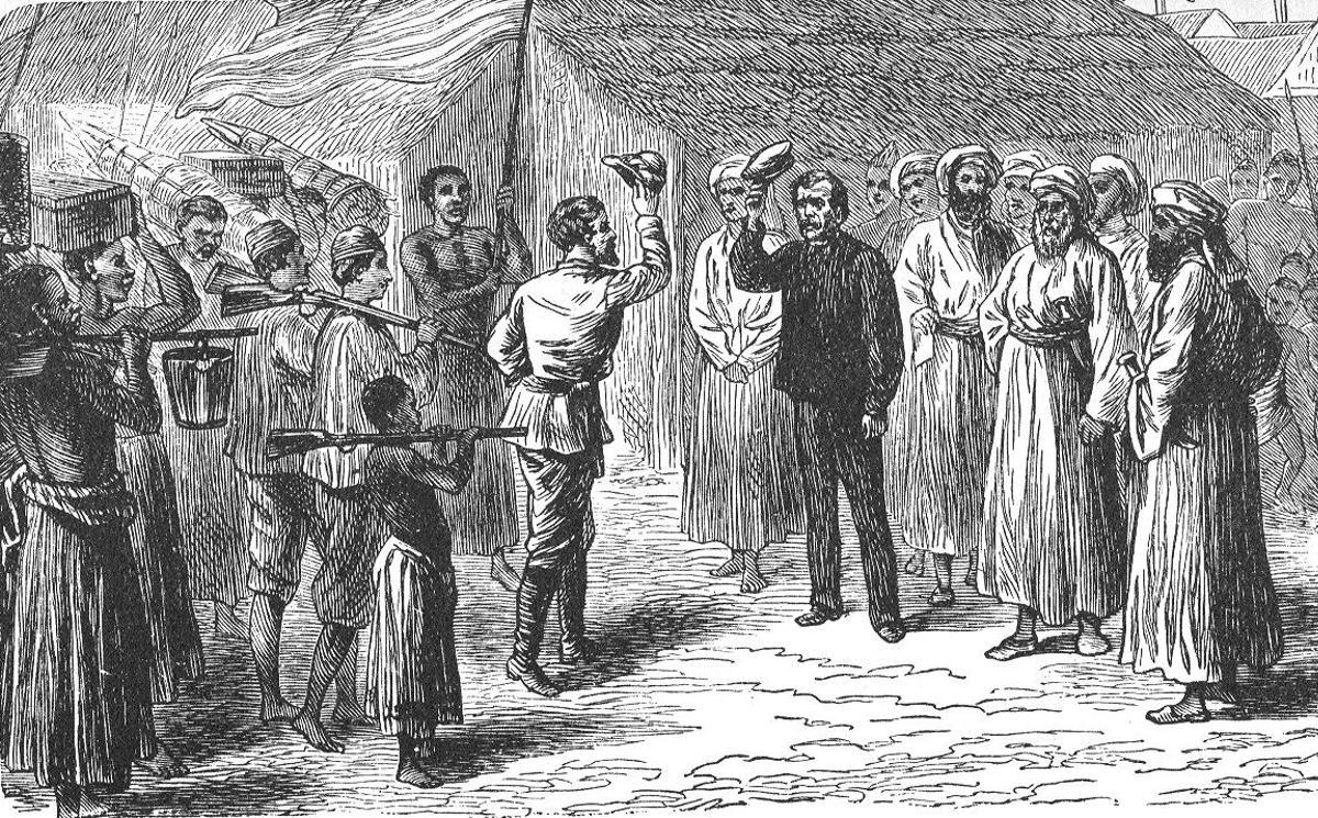 Ilustración de 1876 recreando el encuentro entre Stanley y Livingstone