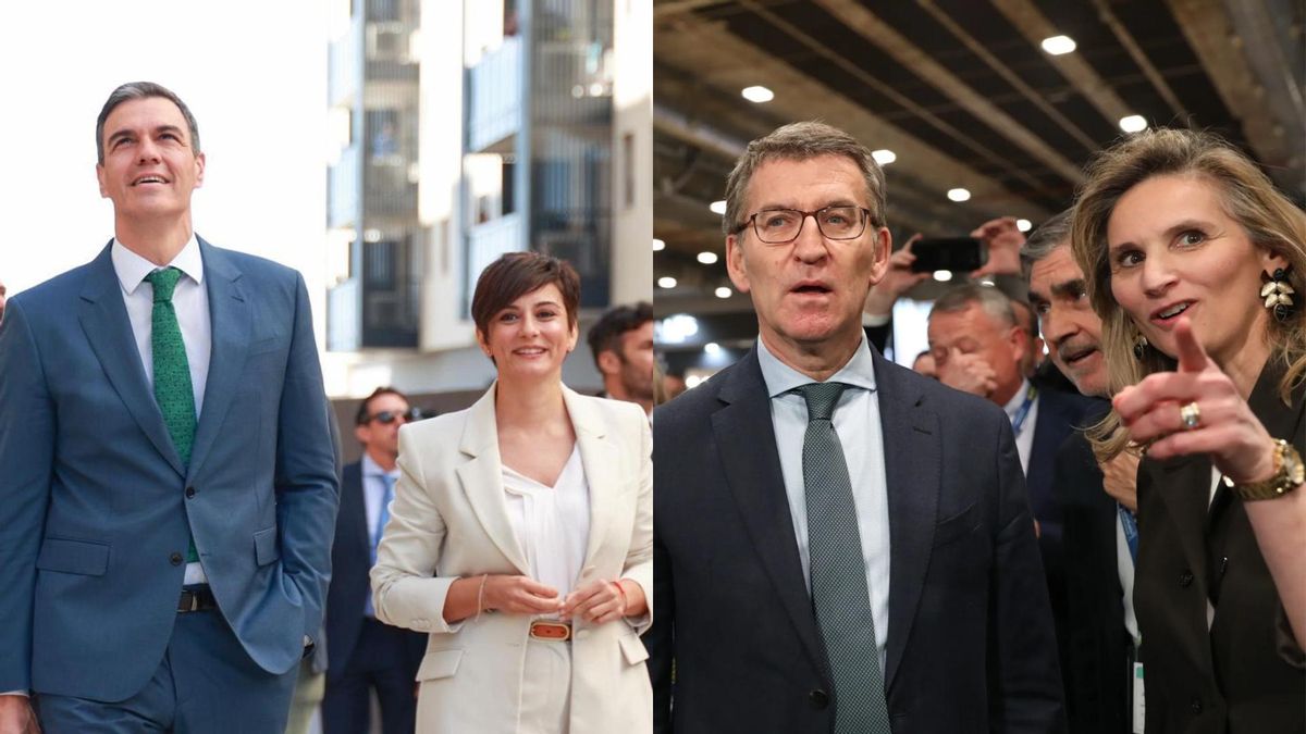 A la izquierda el presidente Pedro Sánchez junto a Isabel Rodríguez, ministra de Vivienda, y a la derecha Alberto Núñez-Feijóo junto a Paloma Martín, vicesecretaria de Desarrollo Sostenible del PP