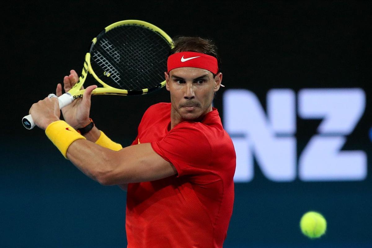 04/01/2020 04 January 2020, Australia, Perth: Spanish tennis player Rafael Nadal in action against Georgia’s Nikoloz Basilashvili during day two of the 2020 ATP Cup Group B single’s tennis match at RAC Arena. Photo: Richard Wainwright/AAP/dpa