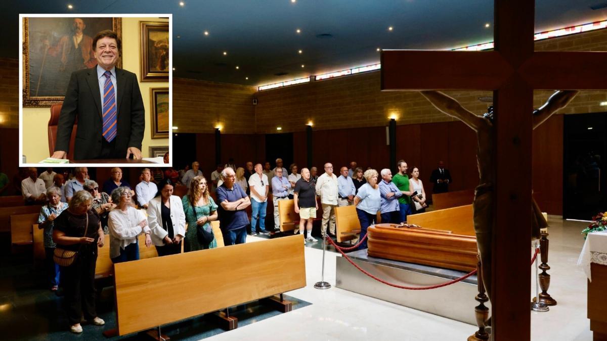 Asistentes a la celebración de la palabra en la capilla del tanatorio de Cabueñes. En el recuadro, Ángel Torres.