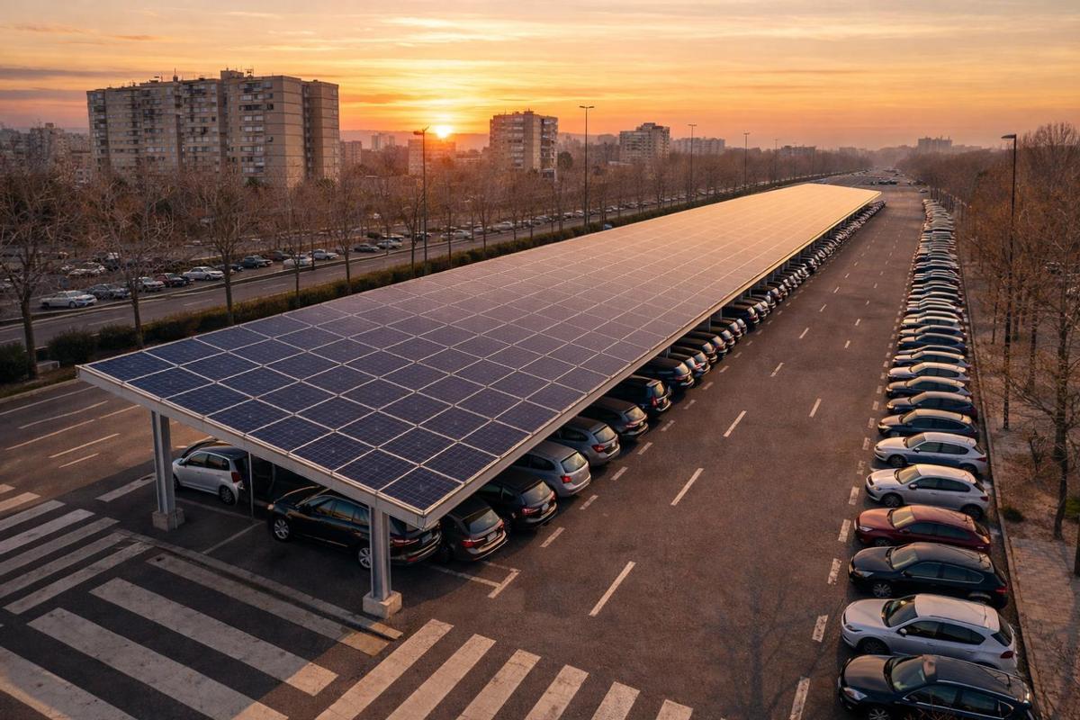 Recreación del aspecto que tendrán las marquesinas, cubiertas de placas solares, en Zaragoza.