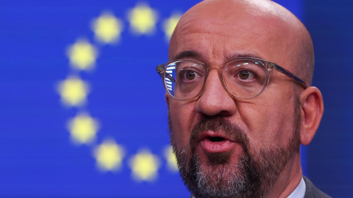 El presidente del Consejo europeo, Charles Michel, este martes durante la rueda de prensa que ha ofrecido en Bruselas.